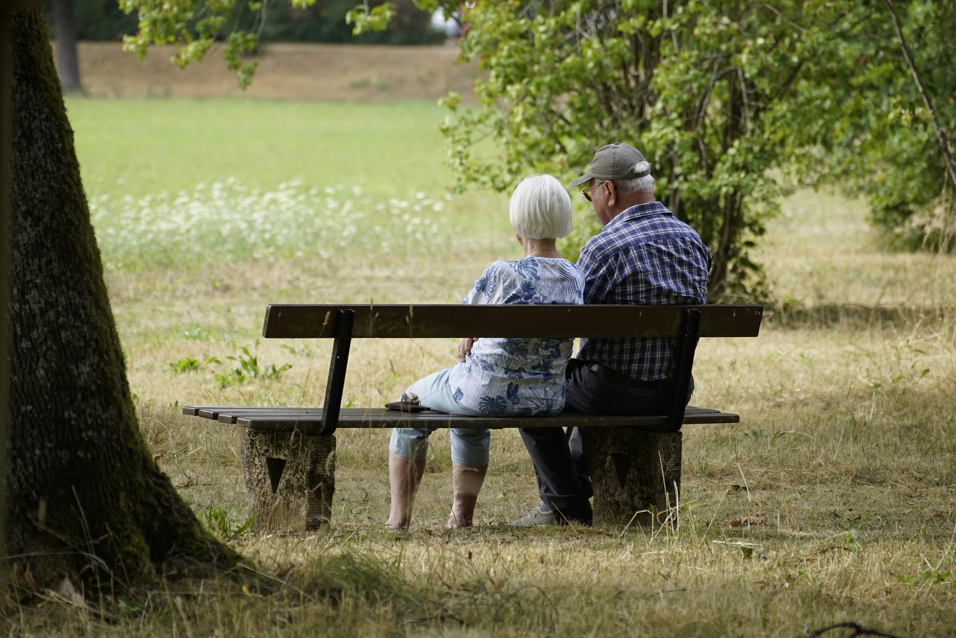 Oude koppel in een park zitten op een bank met uitzicht op natuur
